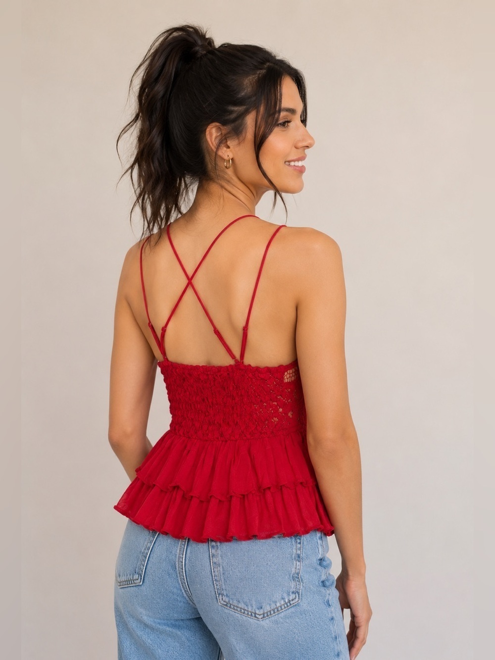 NWT Free People Women’s Adella Lace Ruffled Cami Top Cherry Red Size X-Small - Picture 4 of 13